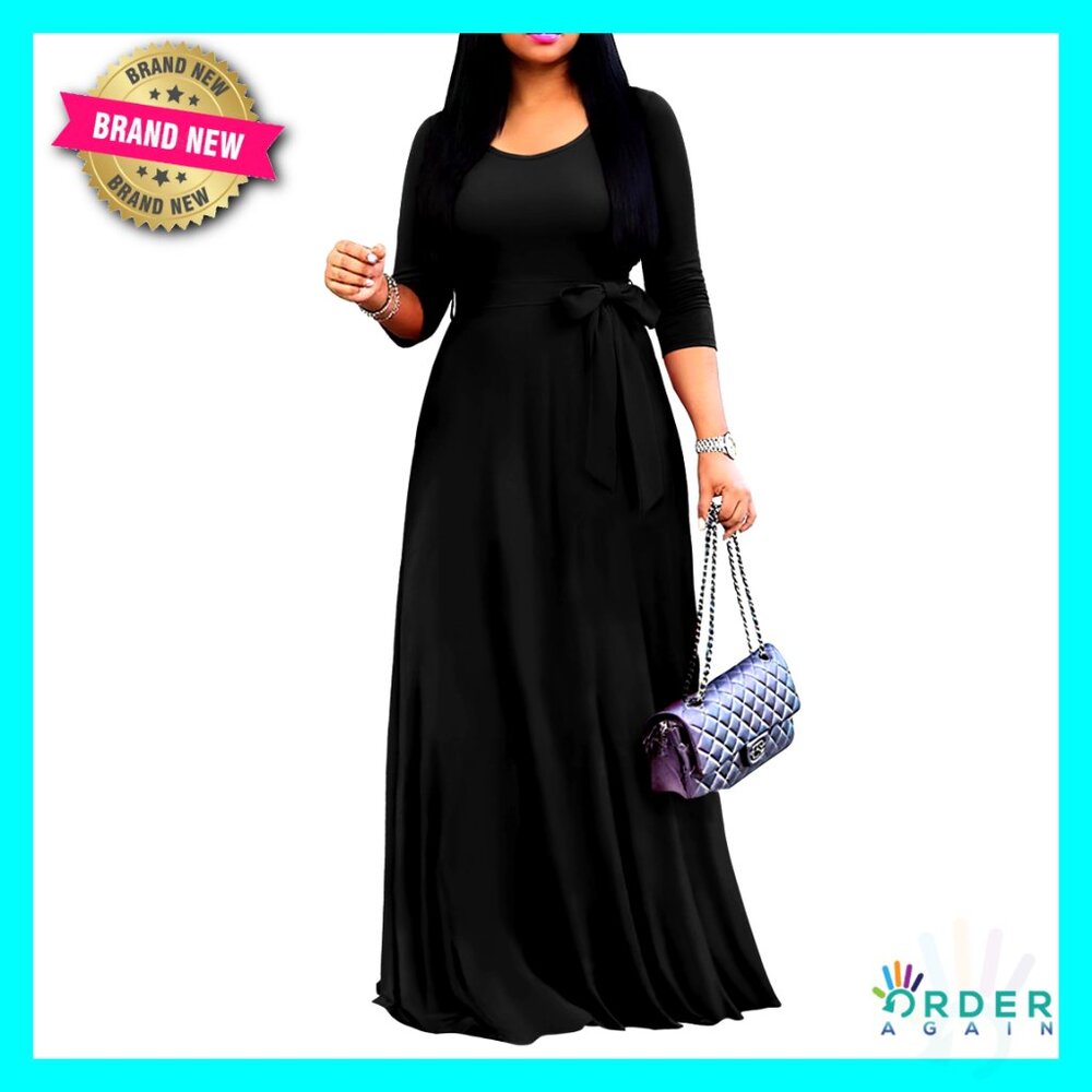 Maxi Dress Empire Waist 3/4 Sleeve Belted Casual Elegant Formal Wear